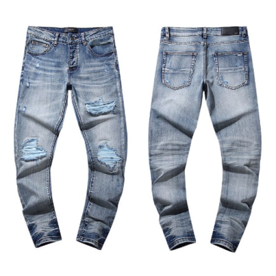 Light Blue Washed Denim Jeans with Multi-Rip Distressing